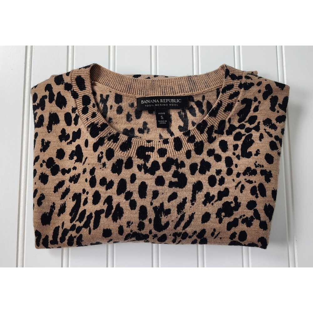 Banana Republic Leopard Print 100% Merino Wool Crewneck Sweater Tan Black Size S - Picture 9 of 9